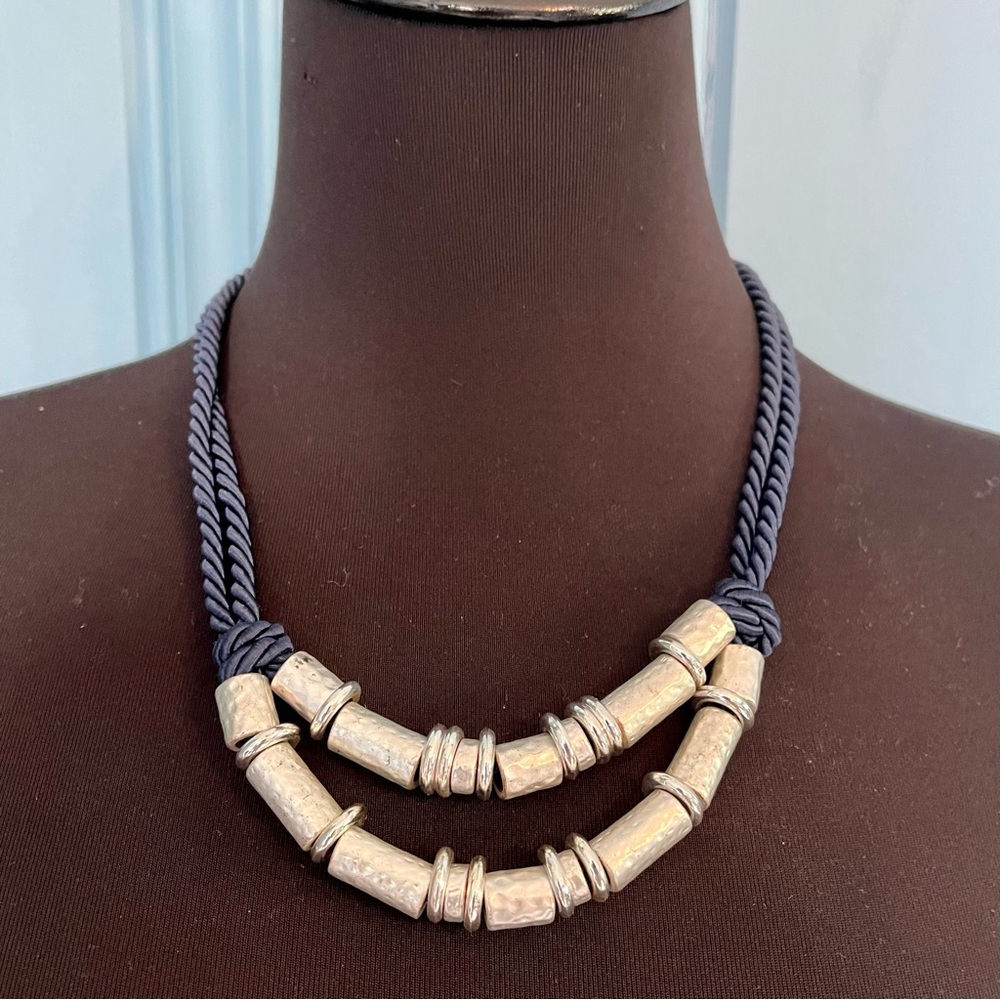 Vintage Chico's Navy Blue Rope Necklace Silver Tone Cylindrical Beads 20 - 22" L